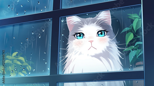 White cat and anime ragdoll cat looking out the window at rain with raindrops sliding down the glass pane in a cozy indoor environment photo