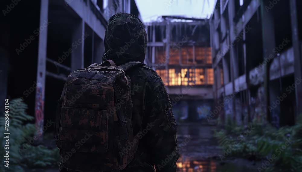 Hiker stands in an abandoned building looking towards distant light Hiker stands in an abandoned building looking towards distant light