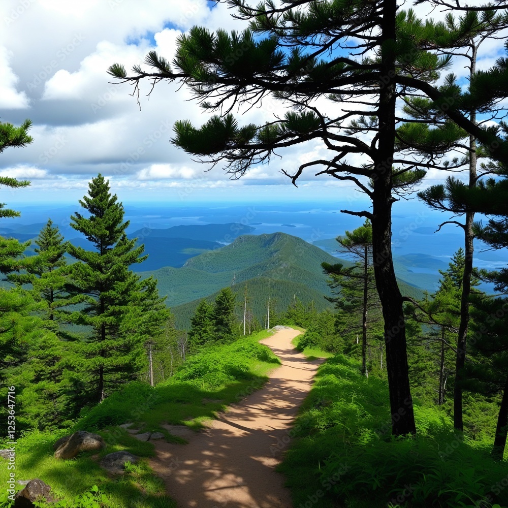 A picturesque trail winding through a vibrant forest to a breathtaking mountaintop panorama. A picturesque trail winding through a vibrant forest to a breathtaking mountaintop panorama.