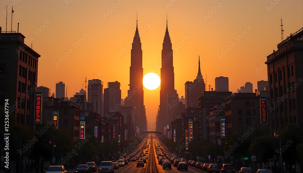 Naklejka premium A massive sun sets between skyscrapers, casting a golden glow over a bustling city street. Striking urban scenery with a futuristic, cinematic atmosphere.