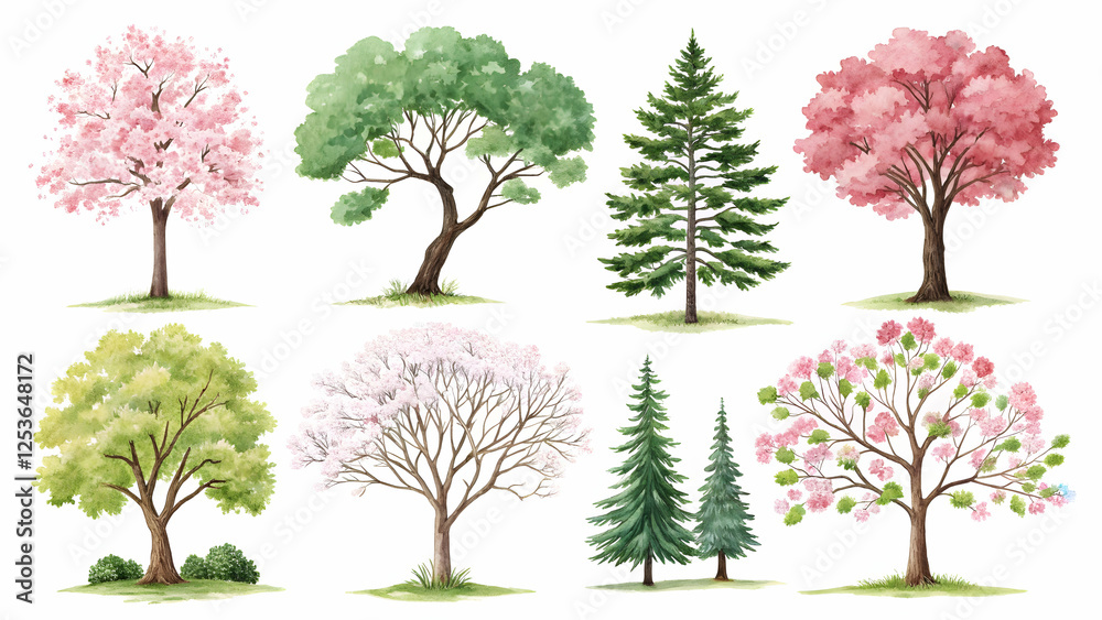 Obraz premium Watercolor Trees Collection: A captivating set of ten intricately detailed watercolor illustrations of various trees in full bloom, including pink cherry blossoms, green leafy trees.