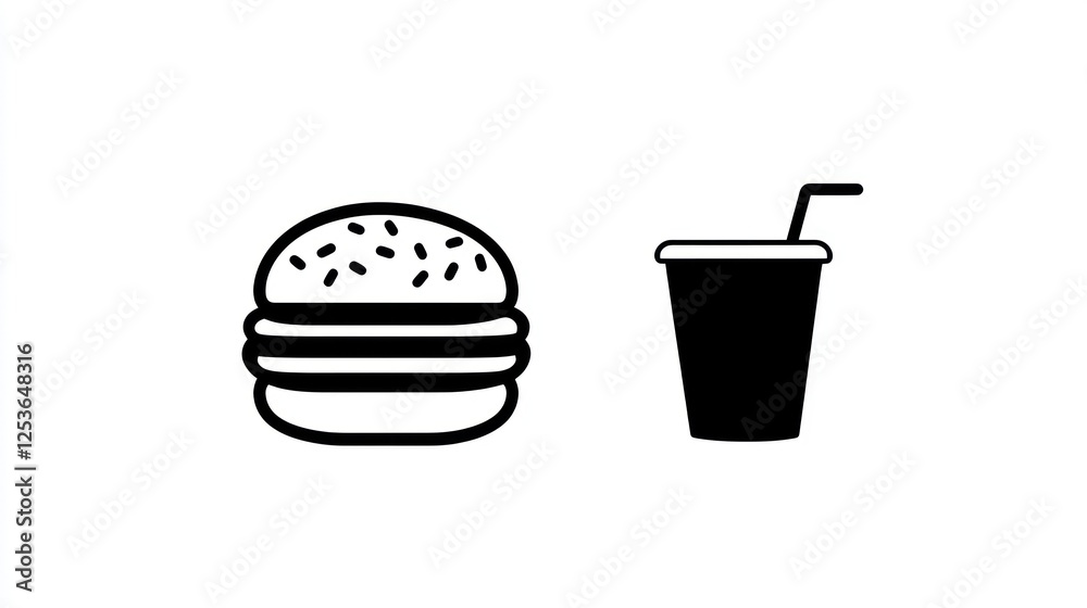 Simple black and white fast food icons, burger and drink, for menu or branding Simple black and white fast food icons, burger and drink, for menu or branding