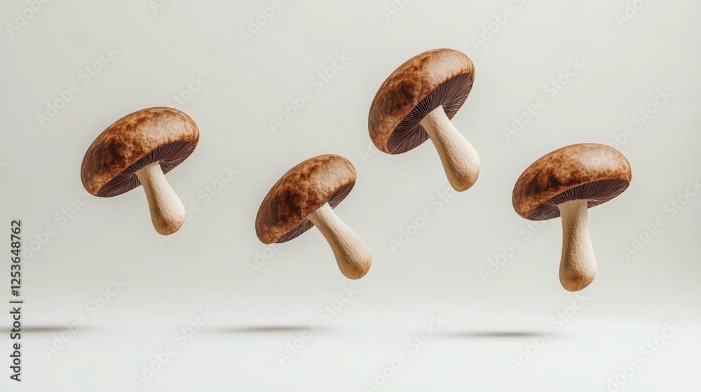 Floating Mushrooms in Air Against a Minimalist Light Background Showcasing Fresh Organic Produce Floating Mushrooms in Air Against a Minimalist Light Background Showcasing Fresh Organic Produce