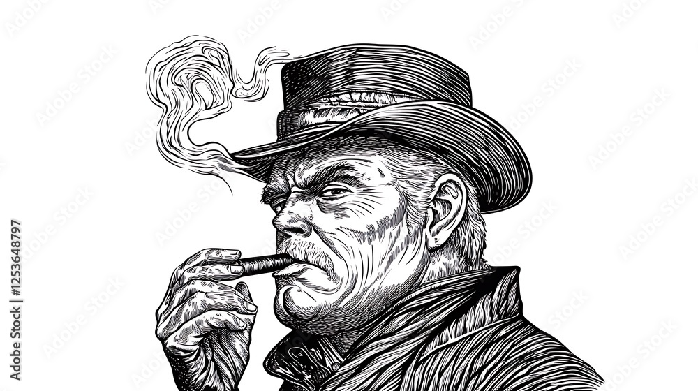 Fototapeta premium Portrait of a rugged man in a hat smoking a cigar, with smoke swirling in the air