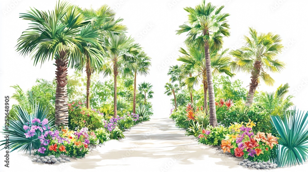 Fototapeta premium Another version of a beautiful pathway framed by palm trees and vibrant greenery.