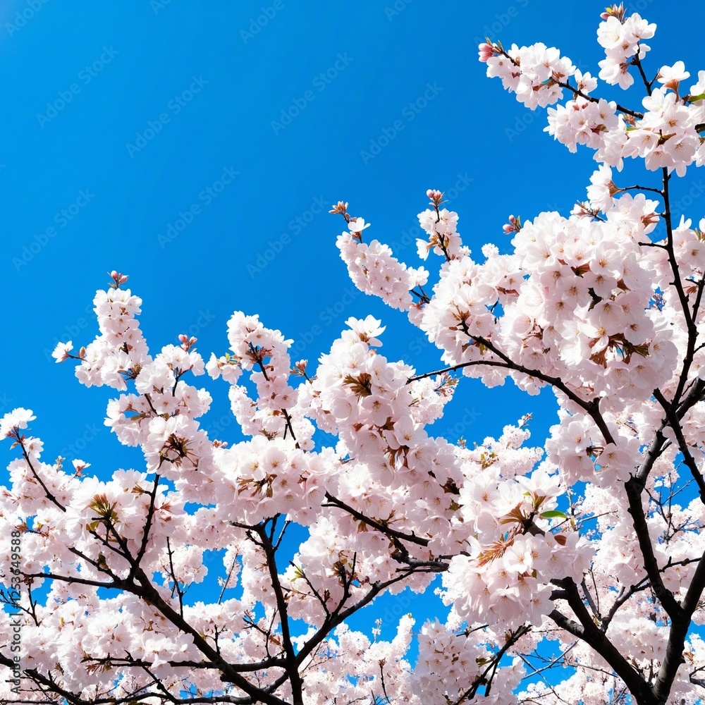 A picturesque vista of cherry blossom trees in full bloom against a vibrant azure sky. A picturesque vista of cherry blossom trees in full bloom against a vibrant azure sky.