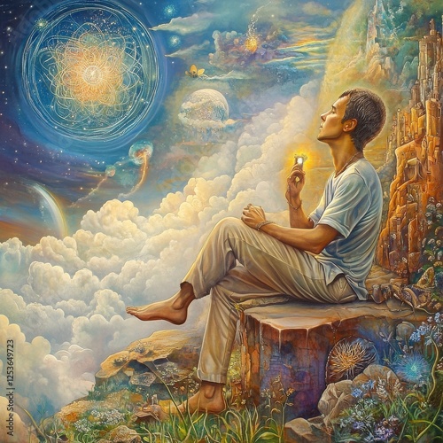 A Person Contemplating In A Colorful Fantasy LandscapeWith StarsAnd Clouds In A SkyAnd Flowers and A LighthousesAnd Gentle LightingAnd Soft ColorsIn A PaintingStyle.WhimsicalAnd Serene.Enchanting And