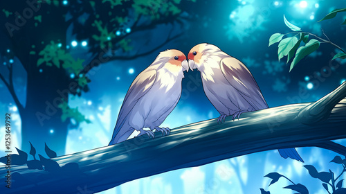 Two lovebirds nuzzling on a branch in a forest setting surrounded by green foliage and soft natural light photo