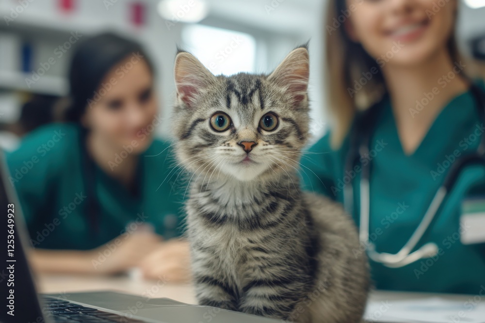 Cute Tabby Cat at Veterinary Clinic with Caring Animal Professionals Cute Tabby Cat at Veterinary Clinic with Caring Animal Professionals