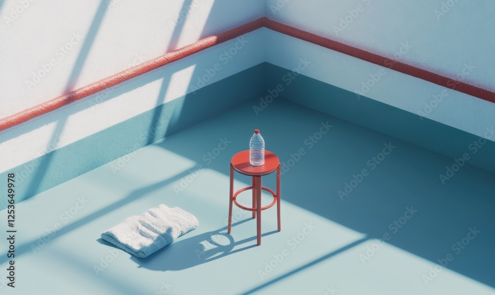 Naklejka premium Sunlit room, red stool, water bottle, towel. Minimalist interior design, stock photo