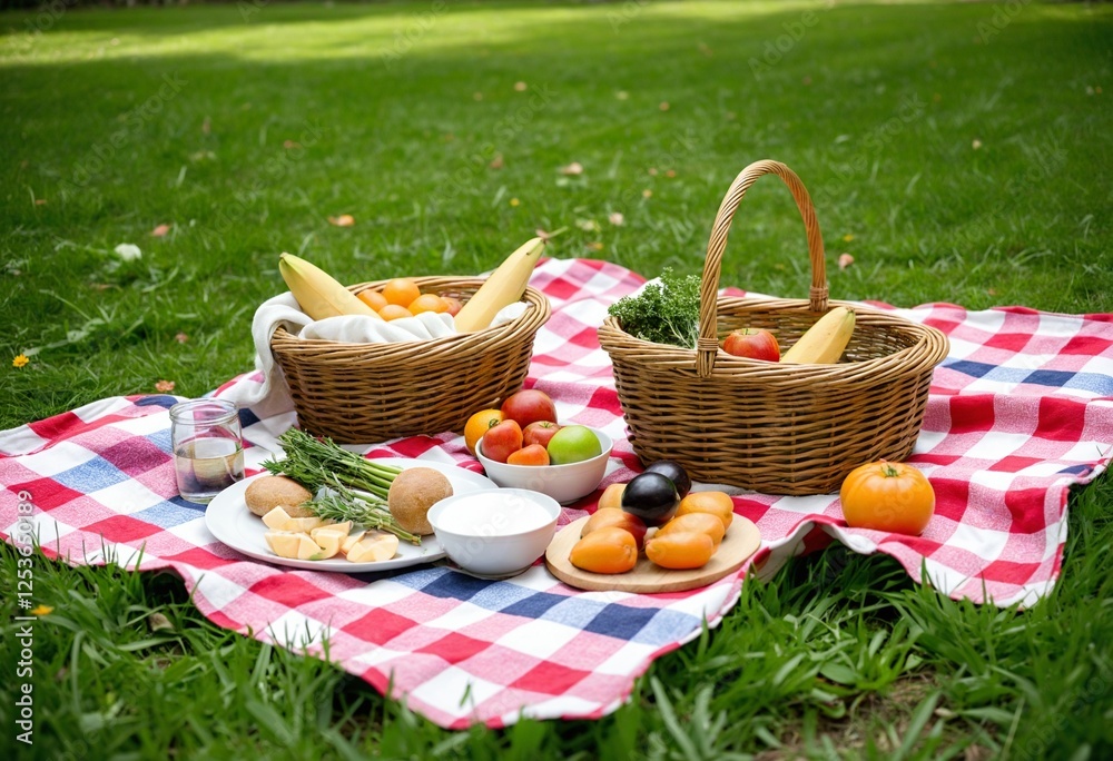 Enjoying a Relaxing Picnic in a Lush Green Park with Fresh Treats Enjoying a Relaxing Picnic in a Lush Green Park with Fresh Treats
