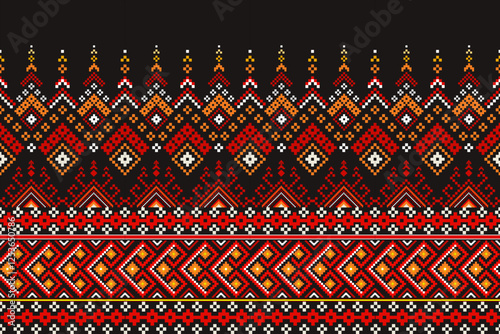 Pixel ethnic  pattern oriental traditional. Design fabric pattern textile African, Aztec African America Indian seamless. Floral pixel art pattern on navy background  vector illustration