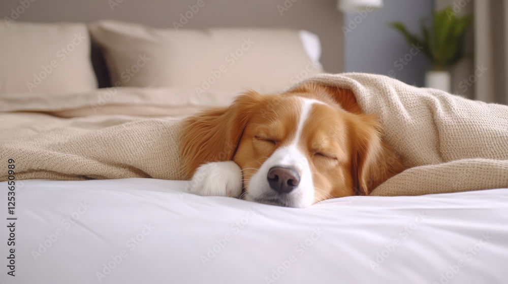 Obraz premium serene image of dog sleeping peacefully under cozy blanket, showcasing warm and tranquil atmosphere. dog appears content and snug, creating heartwarming scene