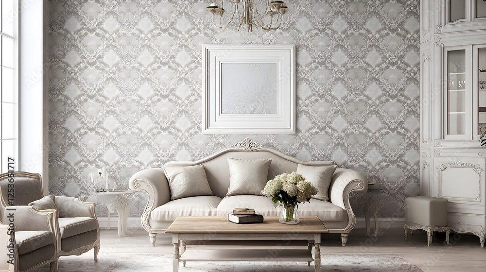 Fototapeta premium A classic-style living room with patterned wallpaper, an ornate white frame, and a vintage chandelier.