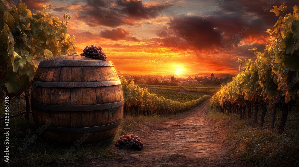 Fototapeta premium Sunset Over Vineyard Landscape with Barrel and Grapes in Rural Countryside