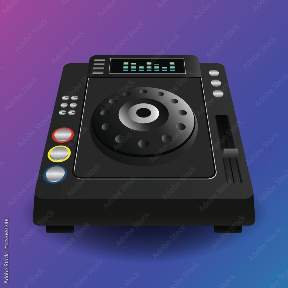 Fototapeta premium Realistic professional DJ turntable with detailed buttons, platter, and tonearm for music designs