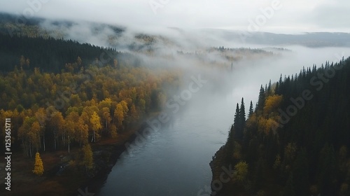 Misty river flowing through a dense forest with autumn foliage covering the landscape