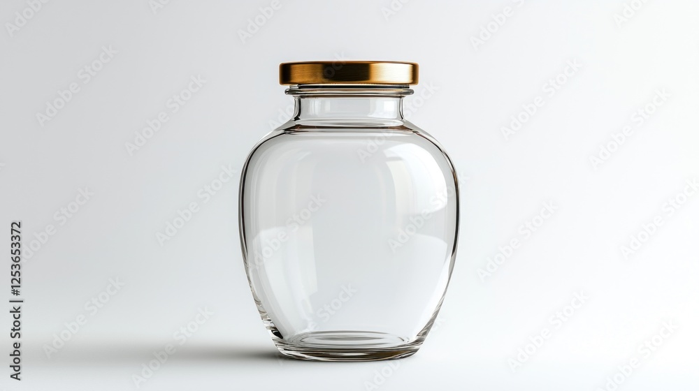 Empty glass jar with gold lid on white background for product mockup