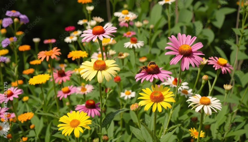 A colorful summer garden alive with blossoming flowers and busy bees. A colorful summer garden alive with blossoming flowers and busy bees.