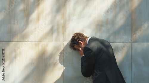 Upset businessman banging his head against wall in despair looks stressed having problems at work, bankruptcy, business failure unsuccessful negotiations, project loss, failed job interview concept