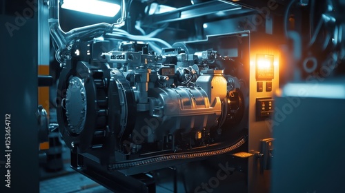 Diesel generator belt drive system under bright lighting, showing rugged components designed for high performance. photo