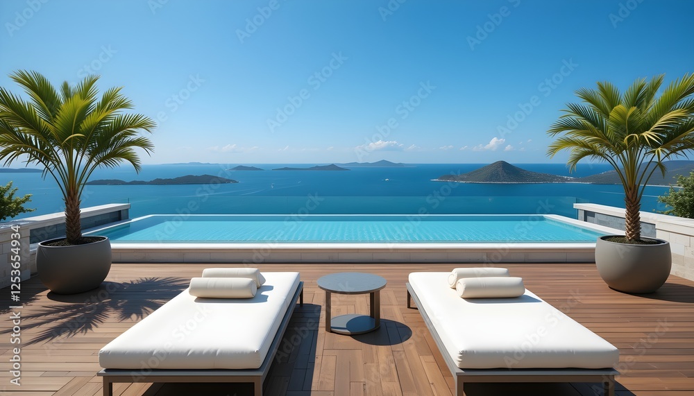 Fototapeta premium A luxurious infinity pool with sun loungers and ocean views. A perfect vacation spot for relaxation, travel, and tropical paradise experiences.
