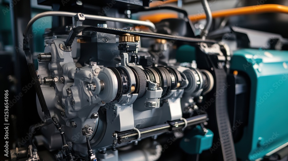 High-detail shot of diesel engine generator belt system, highlighting the tension and alignment of components.