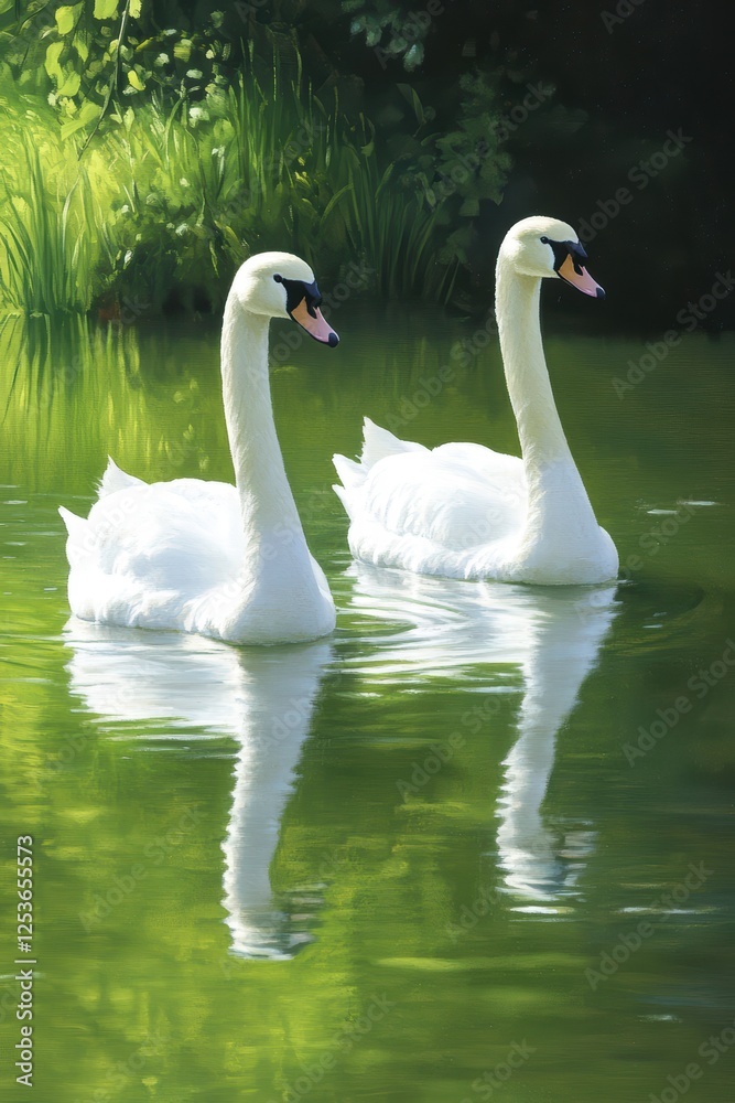 Elegant Swans Gliding on Serene Green Waters Under Soft Light Elegant Swans Gliding on Serene Green Waters Under Soft Light