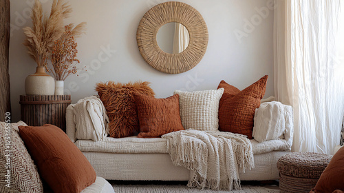 Fototapeta Naklejka Na Ścianę i Meble -  A bohemian living room featuring earthy tones, plush pillows, and unique decorations, offering a tranquil space that radiates calm and comfort.
