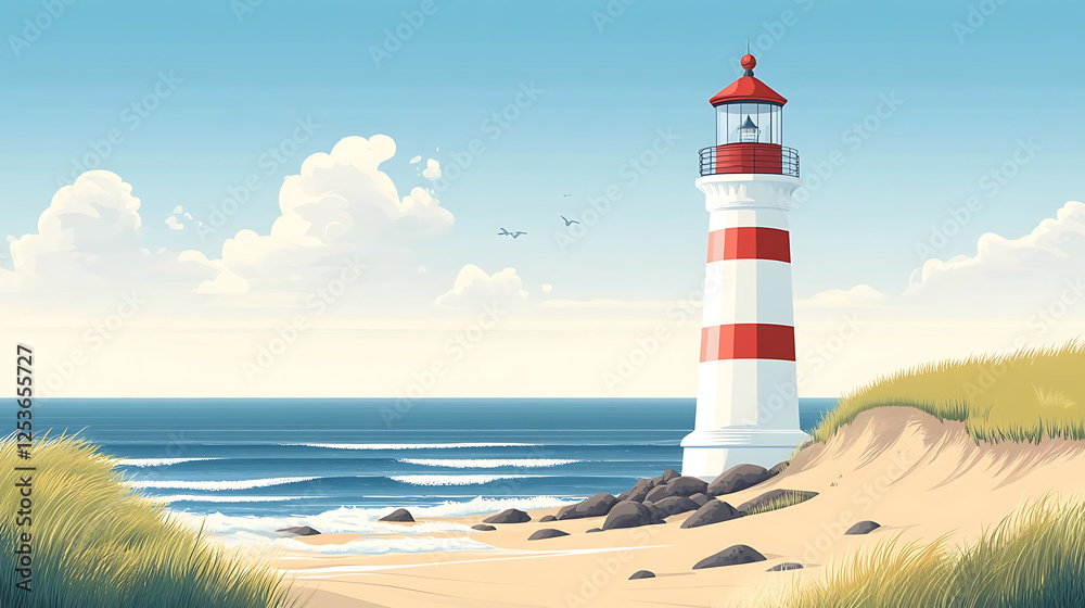 Fototapeta premium Classic lighthouse on sandy beach with ocean waves and grasses, copy space