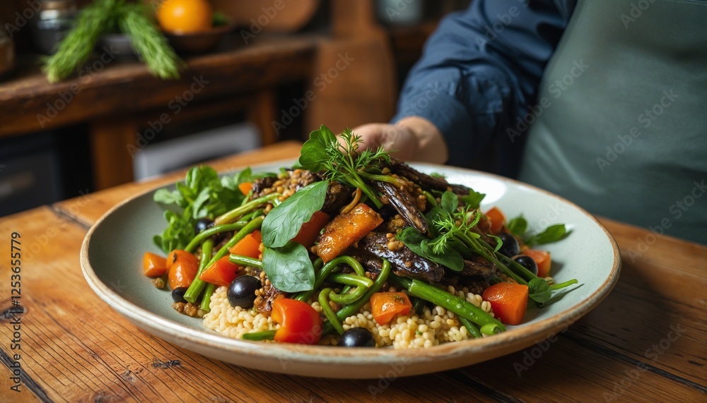 A flavorful plant-based dish prepared in a cozy, rustic kitchen, highlighting the beauty of vegan cuisine. A flavorful plant-based dish prepared in a cozy, rustic kitchen, highlighting the beauty of vegan cuisine.