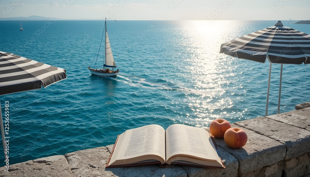 Obraz premium A serene beach side setting with an open book, fresh apples, sun loungers, and sailboats on a calm blue ocean. Perfect for vacation, relaxation, and travel themes.
