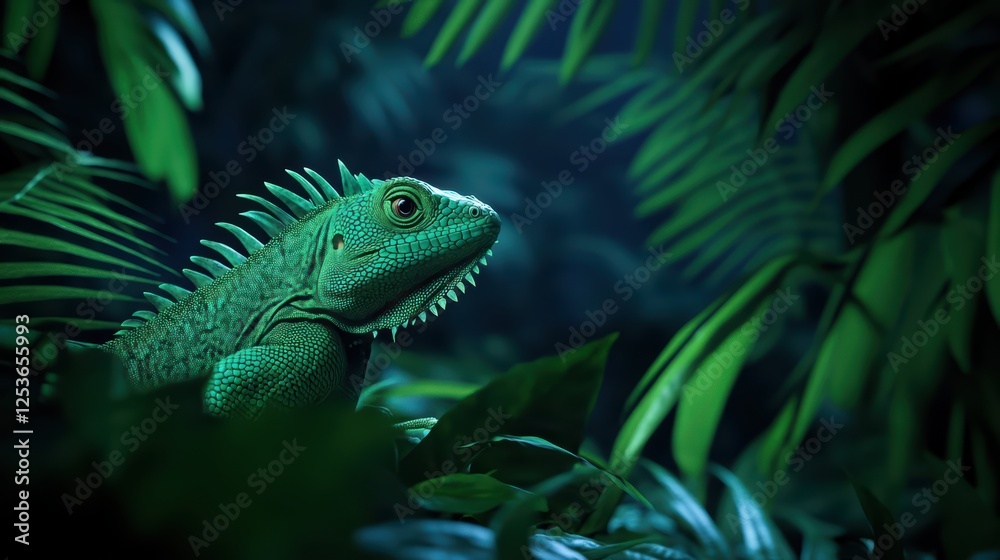 Fototapeta premium Green Lizard Among Tropical Plants in Dense Jungle Environment