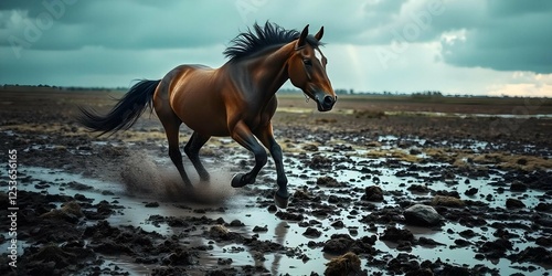 dynamic brown horse runs bay horse galloping on the green field  through vibrant landscapes filled, expansive blue sky, Forest, sunset, nature, tree, running, flowers, grass, meadow, field, motion photo