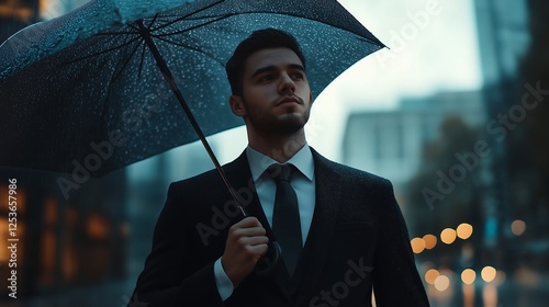 A businessman standing in the rain holding an umbrella, representing strength in tough times.