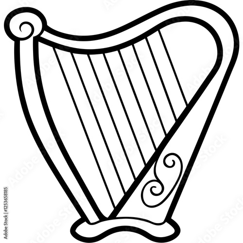 Artistic Harp with Ornamental Hearts – Digital Line Drawing