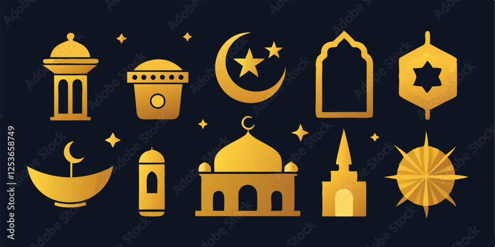 Fototapeta premium Ramadan Kareem Celebration Bundle – Golden Icon Set Illustrator 
