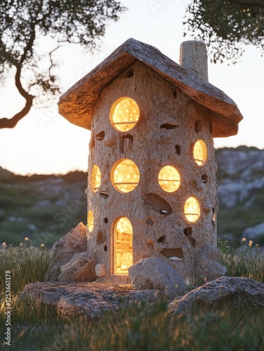 A digital 3D model of a traditional pigeon house, with realistic textures and glowing light emanating from the small openings, set against the valley landscape photo