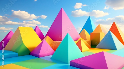 A vibrant and colorful landscape of geometric pyramids under a bright blue sky with clouds