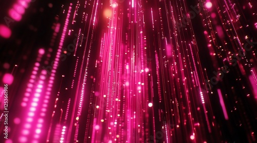 Abstract pink digital data stream with falling particles and bright lines