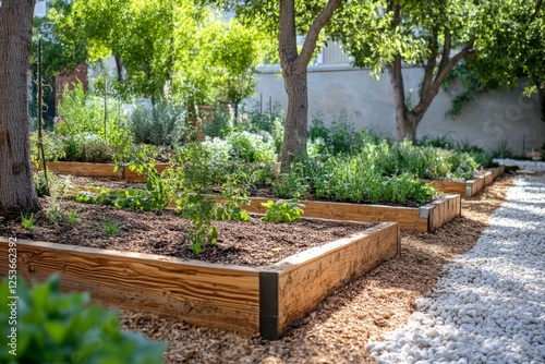 Wooden raised garden beds growing vegetables and herbs in a backyard garden with gravel path