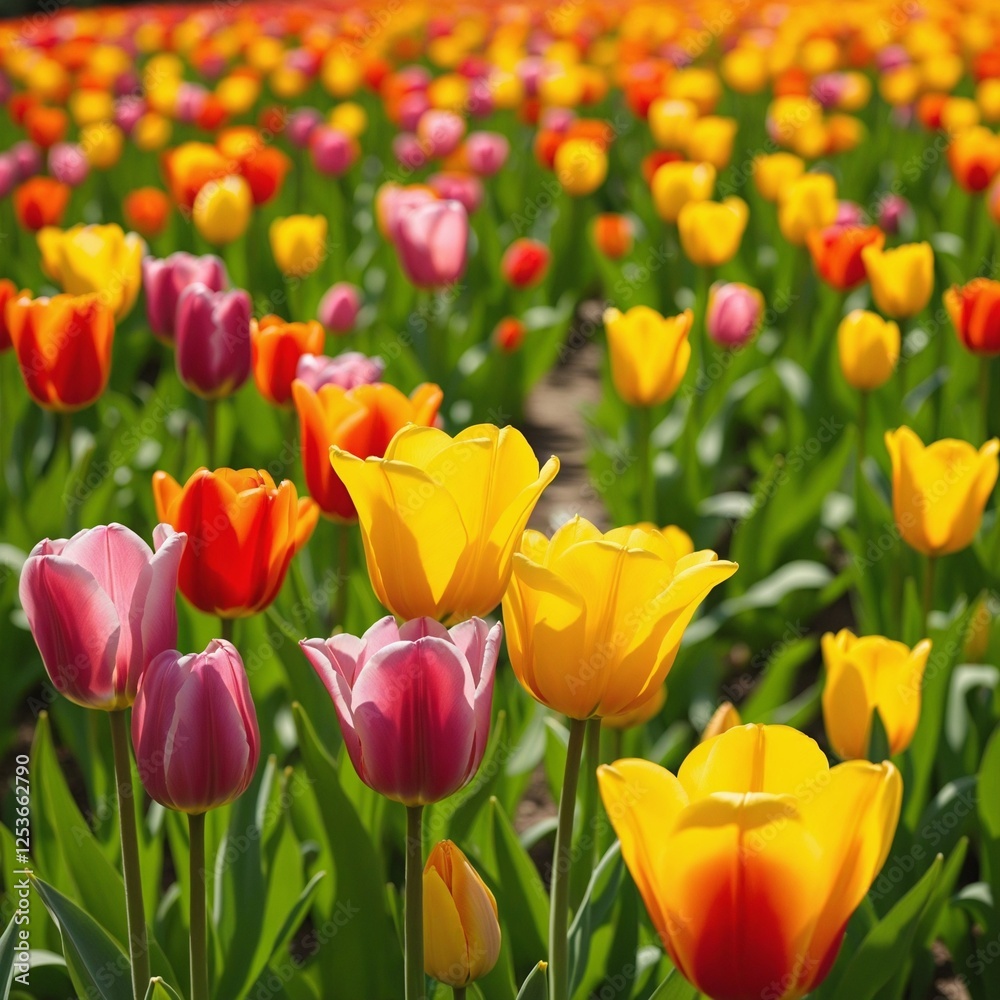 Vibrant Tulip Meadow Bathed in Spring Sunshine Vibrant Tulip Meadow Bathed in Spring Sunshine