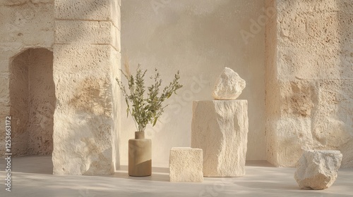 Artistic display of natural stone and floral arrangement minimalist studio still life photography calming aesthetic