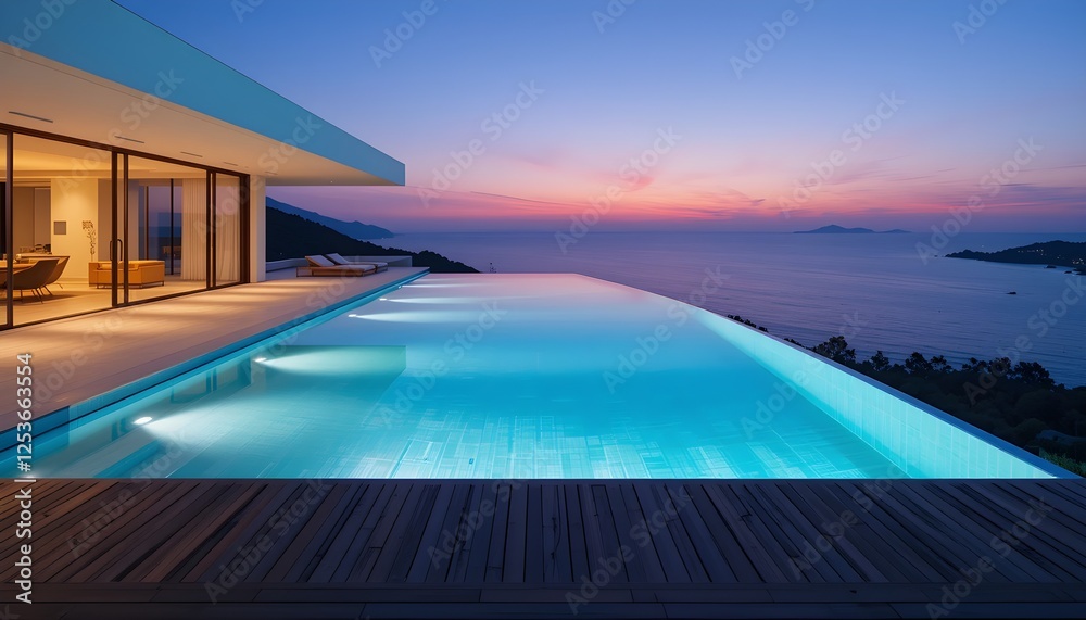 Fototapeta premium A luxurious infinity pool with breathtaking sunset ocean views. A perfect vacation retreat for relaxation, travel, and tropical paradise experiences.
