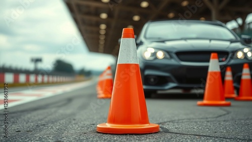 Driving school setup with a car and traffic cones an orange cone designated for driver training at a