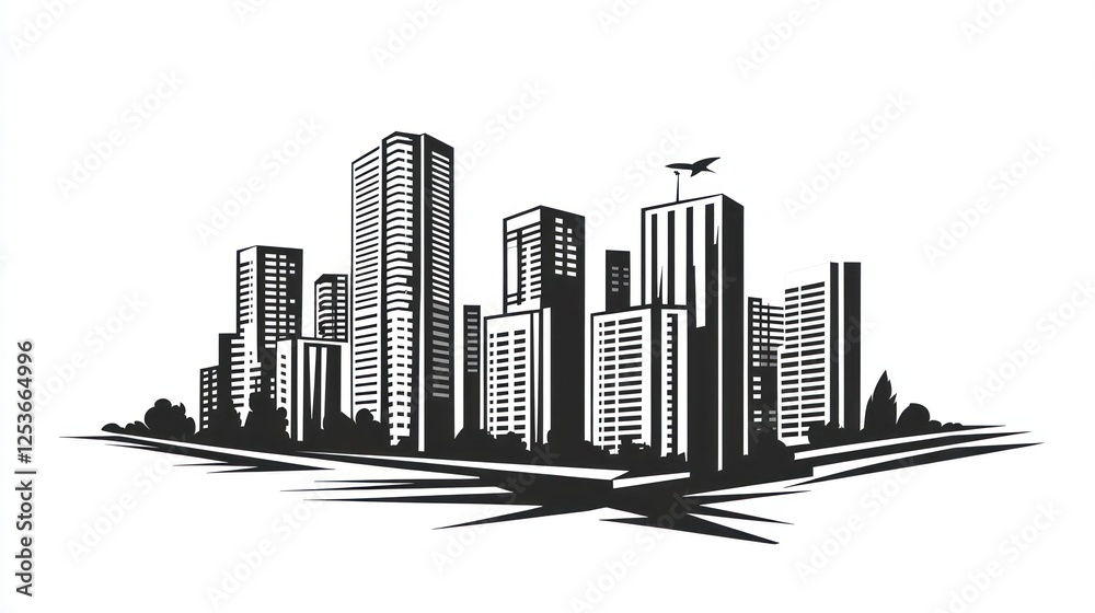 Fototapeta premium Cityscape silhouette, urban buildings, horizon, background plane, graphic design, for print or web
