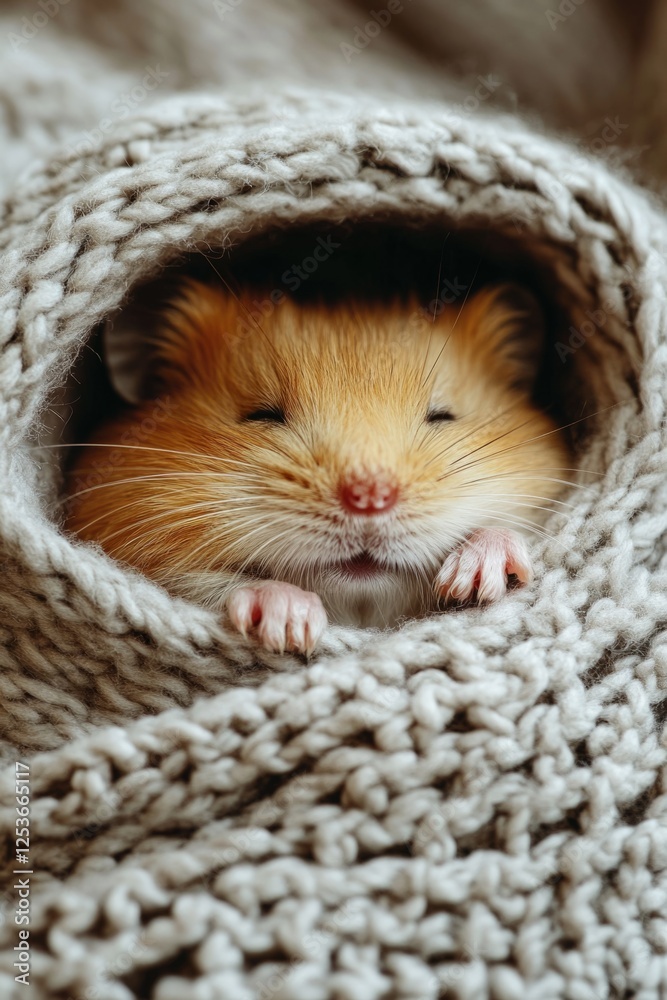 Small ginger hamster sleeping peacefully, wrapped in a soft, warm knitted blanket, enjoying comfort and warmth Small ginger hamster sleeping peacefully, wrapped in a soft, warm knitted blanket, enjoying comfort and warmth