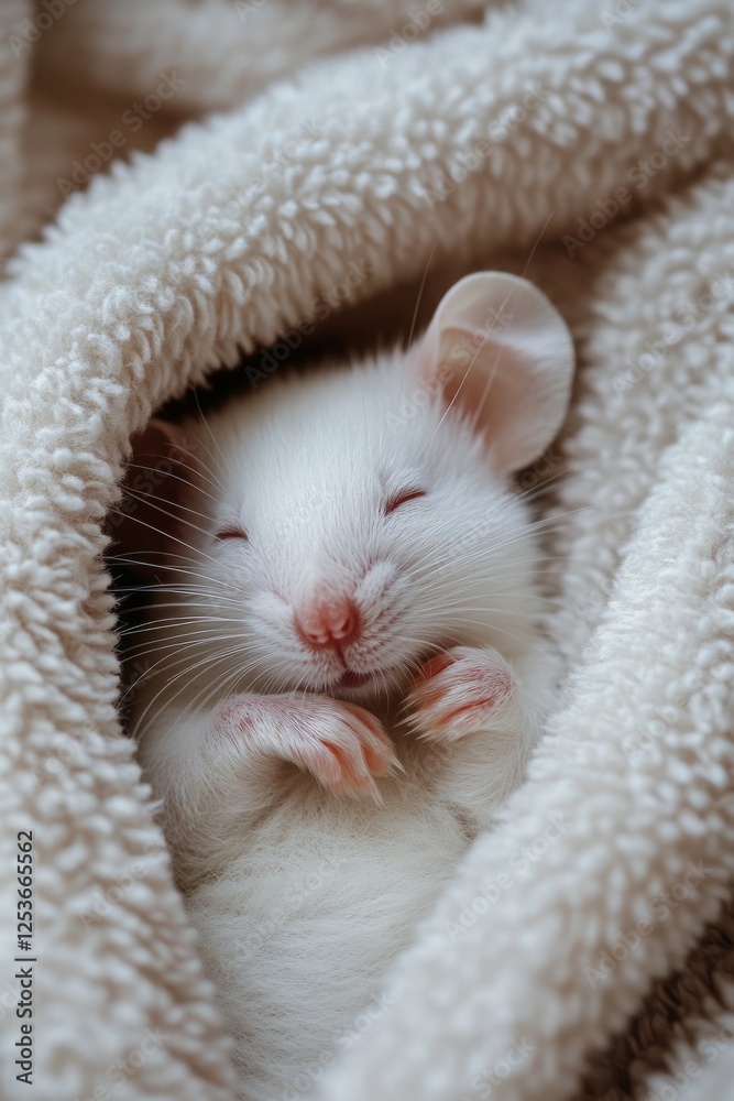 Small white mouse sleeping peacefully, curled up in a soft, cozy blanket, enjoying a moment of tranquility Small white mouse sleeping peacefully, curled up in a soft, cozy blanket, enjoying a moment of tranquility