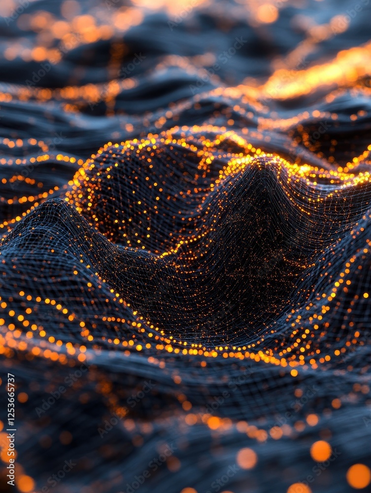 Glowing data points forming a complex network in a digital landscape Glowing data points forming a complex network in a digital landscape