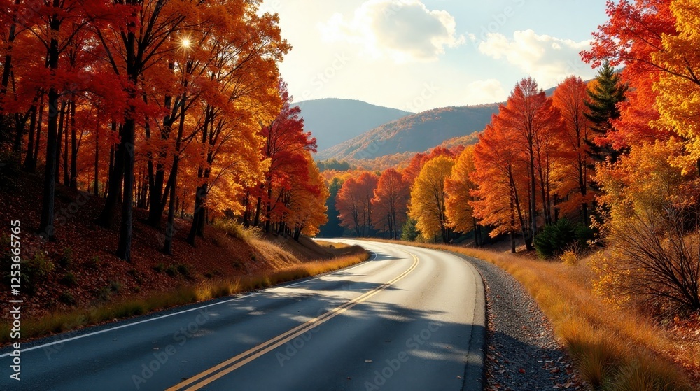 Fototapeta premium Autumnal Road Winding Through Vibrant Fall Foliage, Sunlit Canopy Creates Magical Atmosphere